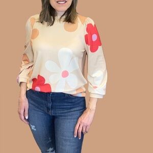 Floral Print Women's Top - Cream and Red